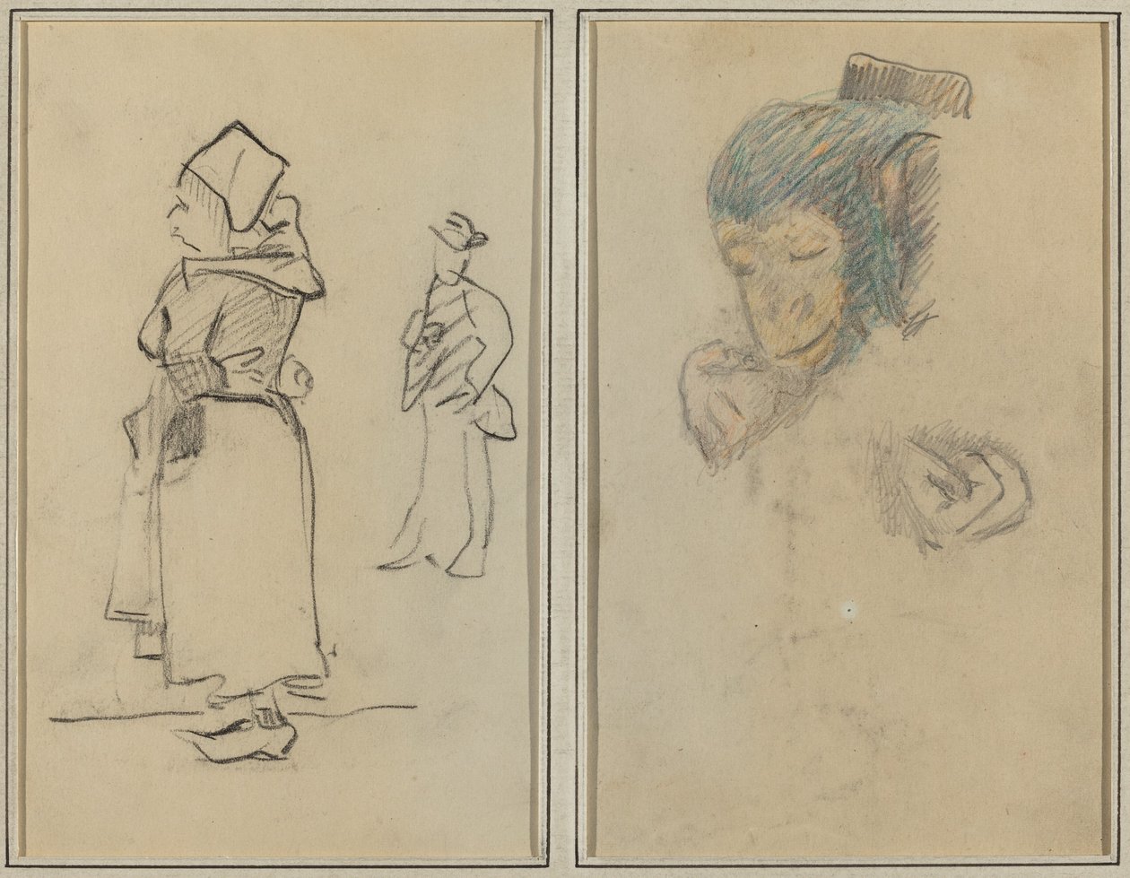 Eine bretonische Frau und ein stehender Mann; Kopf und Hand eines Affen von Paul Gauguin