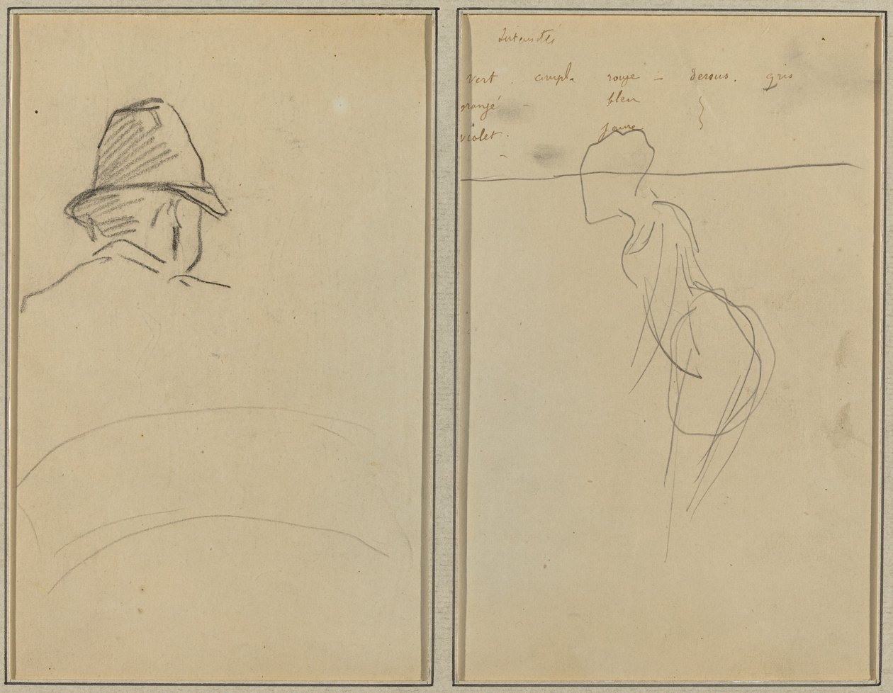 Ein Kopf eines Mannes mit Hut, von hinten gesehen; Eine stehende Frau [recto] von Paul Gauguin