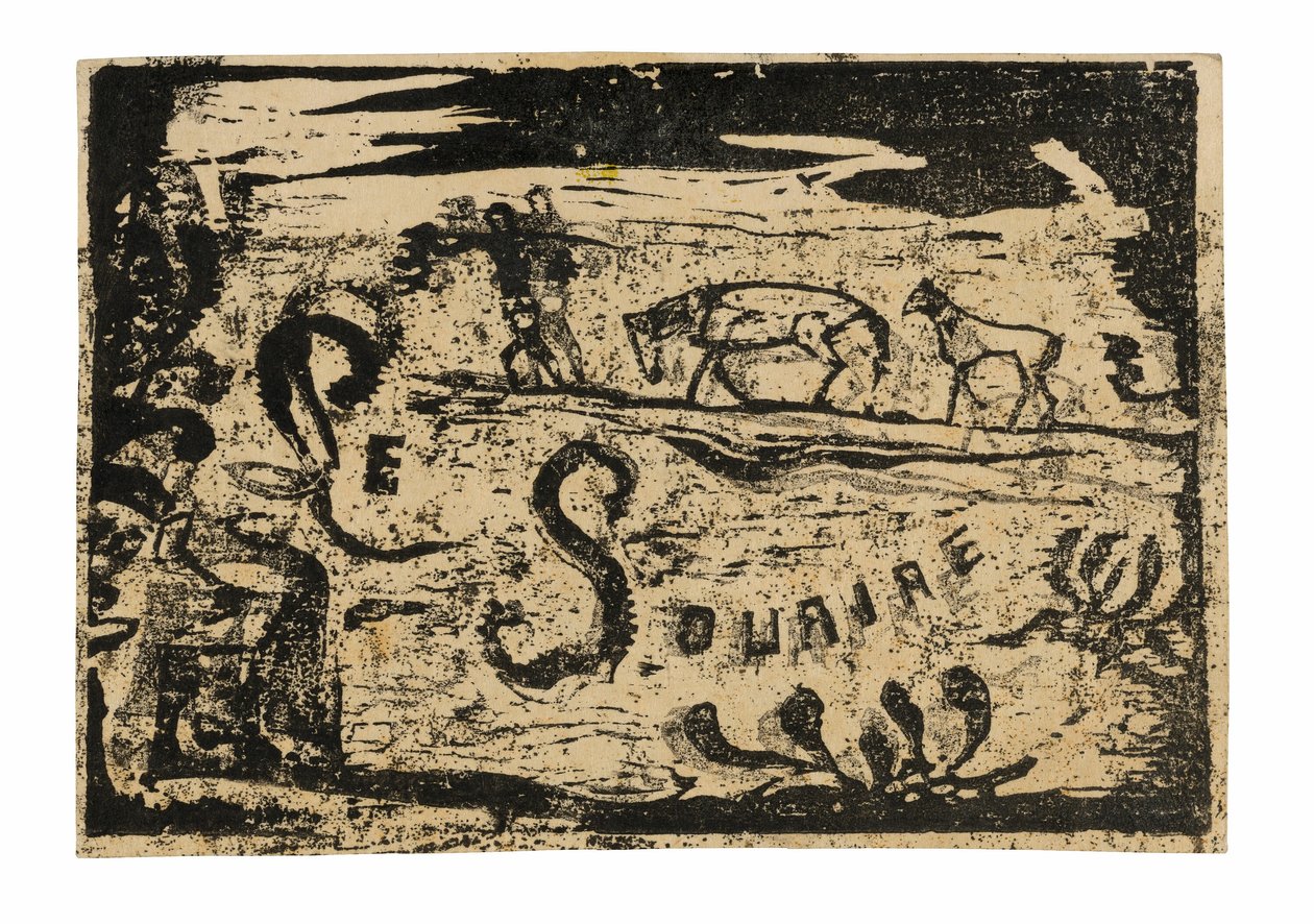 Mann, der Bananen trägt, gefolgt von zwei Pferden, Kopfstück für Le sourire von Paul Gauguin