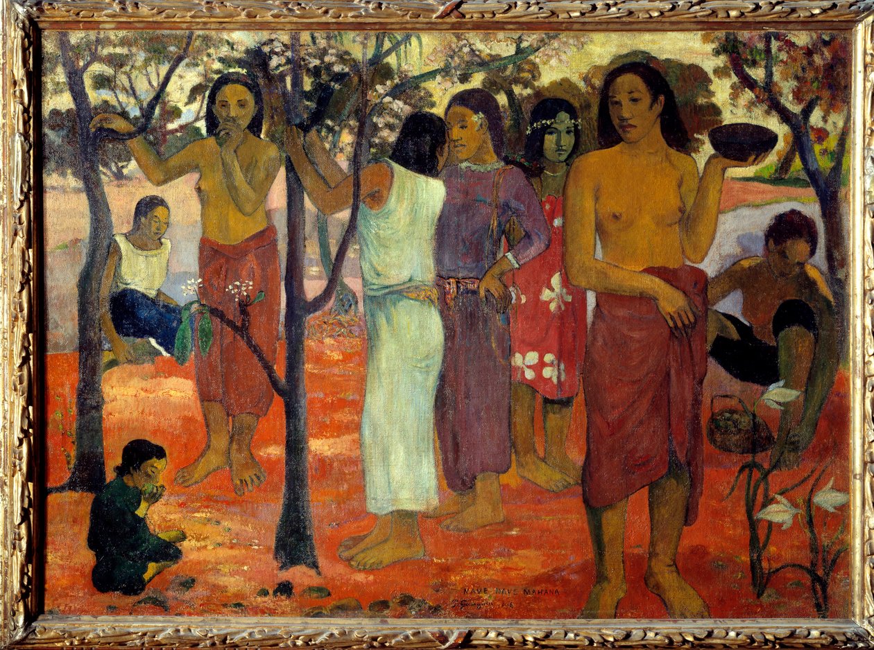 Nave nave mahana (Köstliche Tage). Tahitianische Frauen in einem Garten von Paul Gauguin