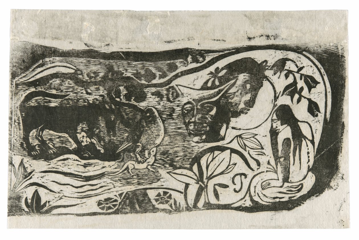 Tafel mit dem Kopf eines gehörnten Teufels, aus der Suite der späten Holzschnittdrucke von Paul Gauguin