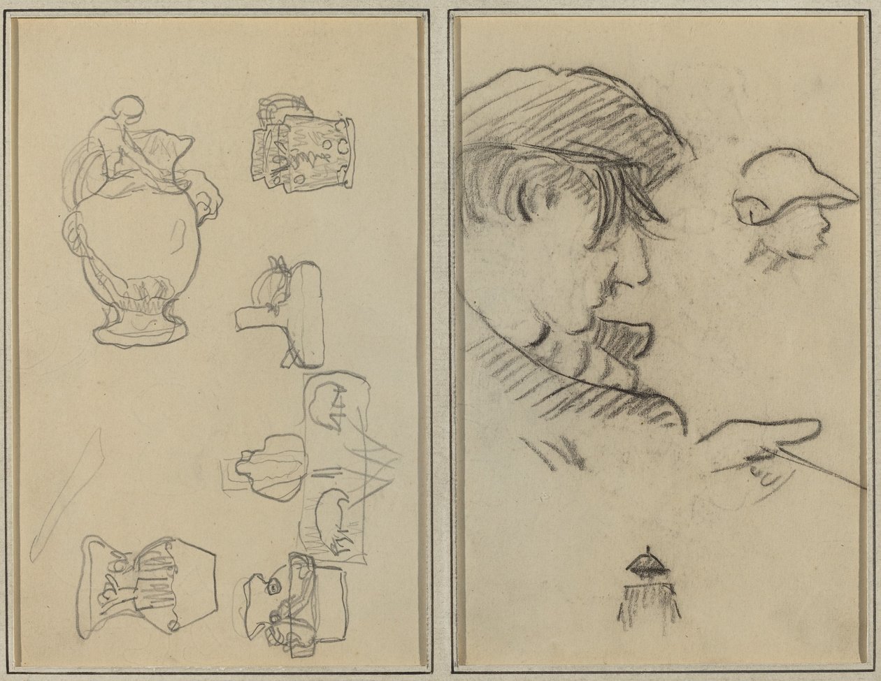 Studien von Krügen und Vasen; Ein Mann mit Schnurrbart und ein Junge mit Hut [recto] von Paul Gauguin