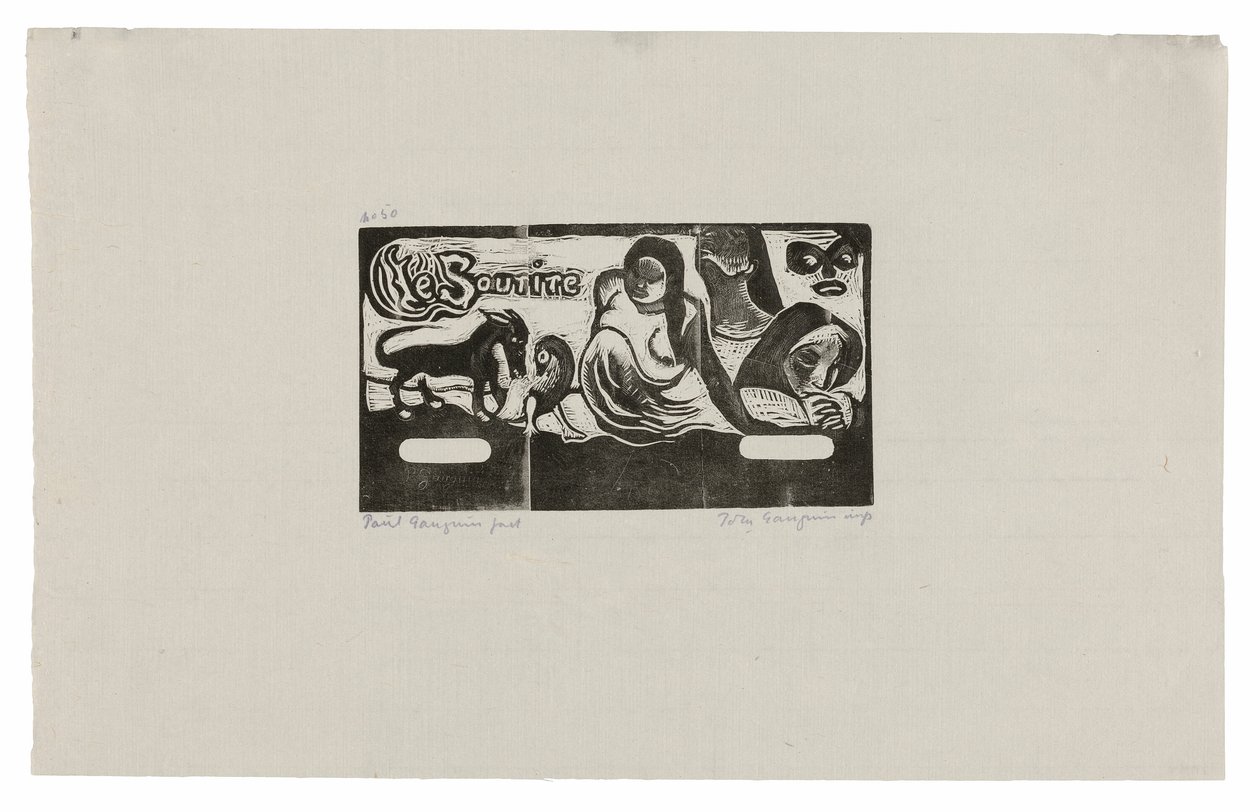 Drei Personen, eine Maske, ein Fuchs und ein Vogel, Kopfstück für Le sourire von Paul Gauguin