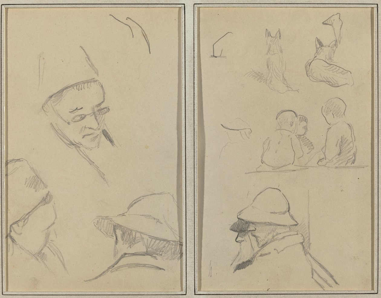 Drei Studien von Männerköpfen, einer mit Brille; Hunde, Kinder und zwei bärtige Männer im Profil (verso) von Paul Gauguin