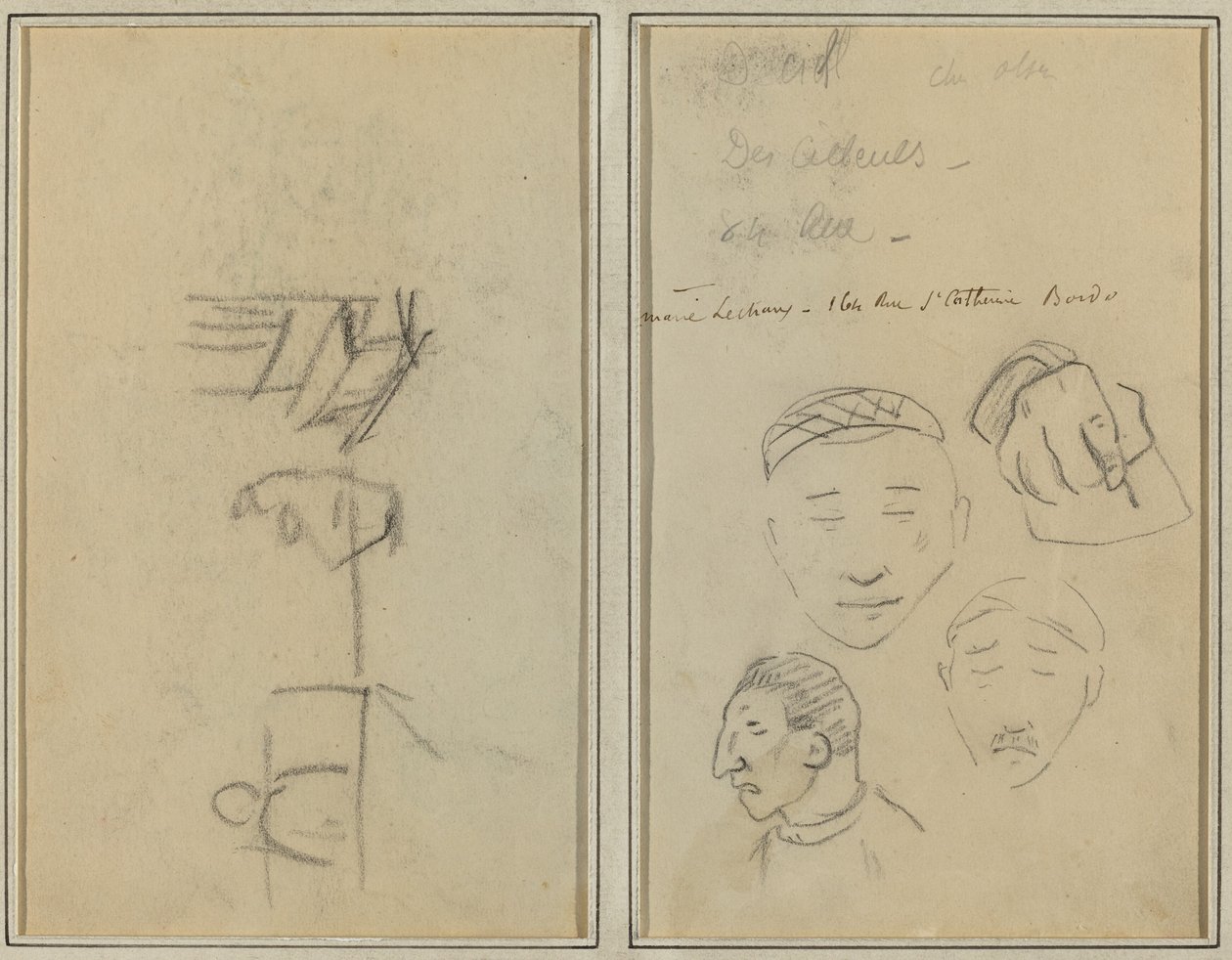 Zwei Figuren und eine Bank; Drei Studien von Männerköpfen und eine von einer Hand [recto] von Paul Gauguin