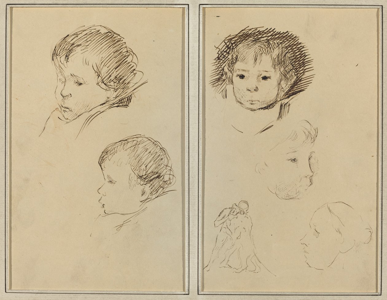 Zwei Studien eines Kinderkopfes; Zwei Studien eines Kinderkopfes, eine Frau im Profil und ein Mann, der mit einem Tier ringt von Paul Gauguin