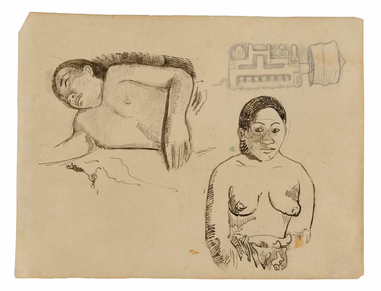 Zwei tahitianische Frauen und ein Marquesas-Ohrstecker von Paul Gauguin