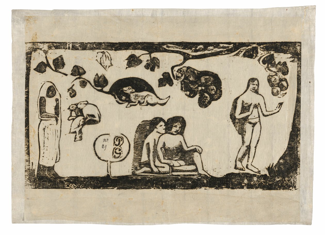 Frauen, Tiere und Laub, aus der Suite der späten Holzschnittdrucke von Paul Gauguin