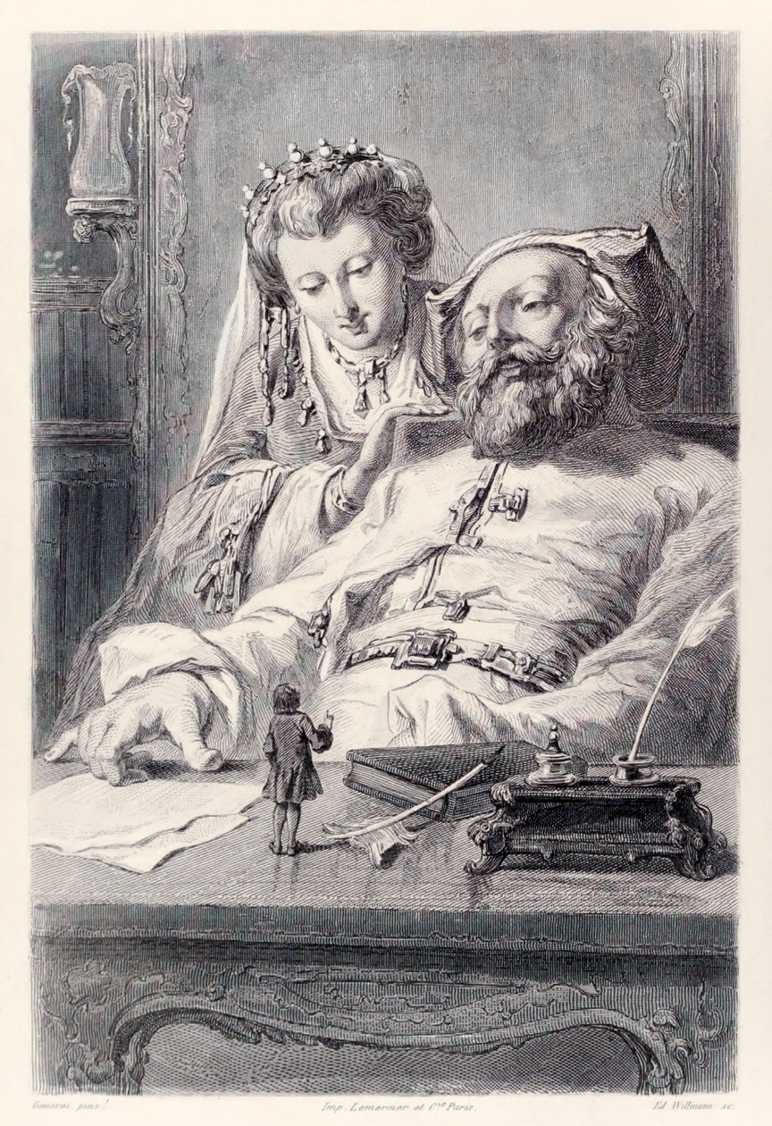 Frontispiz aus der französischen Ausgabe von Gullivers Reisen von Jonathan Swift: Ich beantwortete die Fragen des Königs richtig, Gulliver und der König und die Königin von Brobdingnag von Paul Gavarni