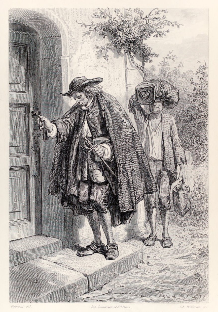 Gulliver kommt um drei Uhr nachmittags nach Hause und betritt das Haus, aus der französischen Ausgabe von Gullivers Reisen von Jonathan Swift von Paul Gavarni