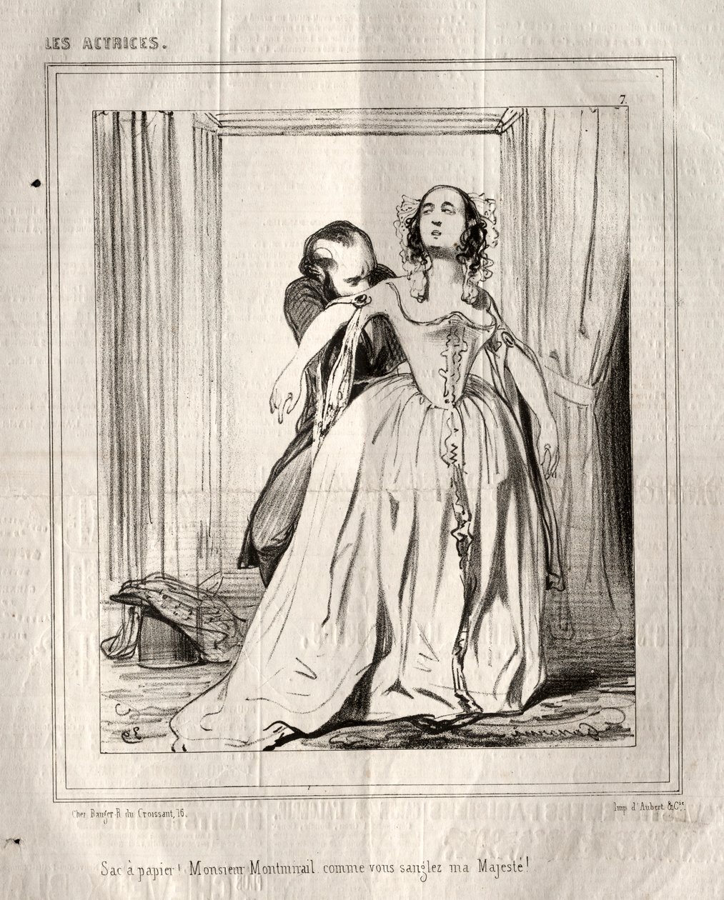 Les Actrices: Sac à papier! Monsieur Montmirail, wie Sie meine Majestät anschnallen!, 1843 von Paul Gavarni