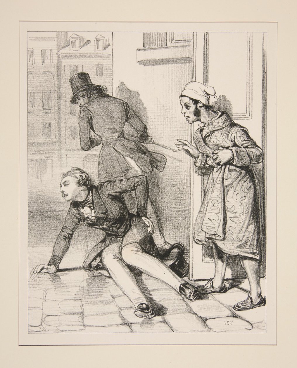 Monsieur Victor, der unter einem bestimmten Fenster flanierte, erhielt von Monsieur Prosper eine Menge Stockhiebe. von Paul Gavarni
