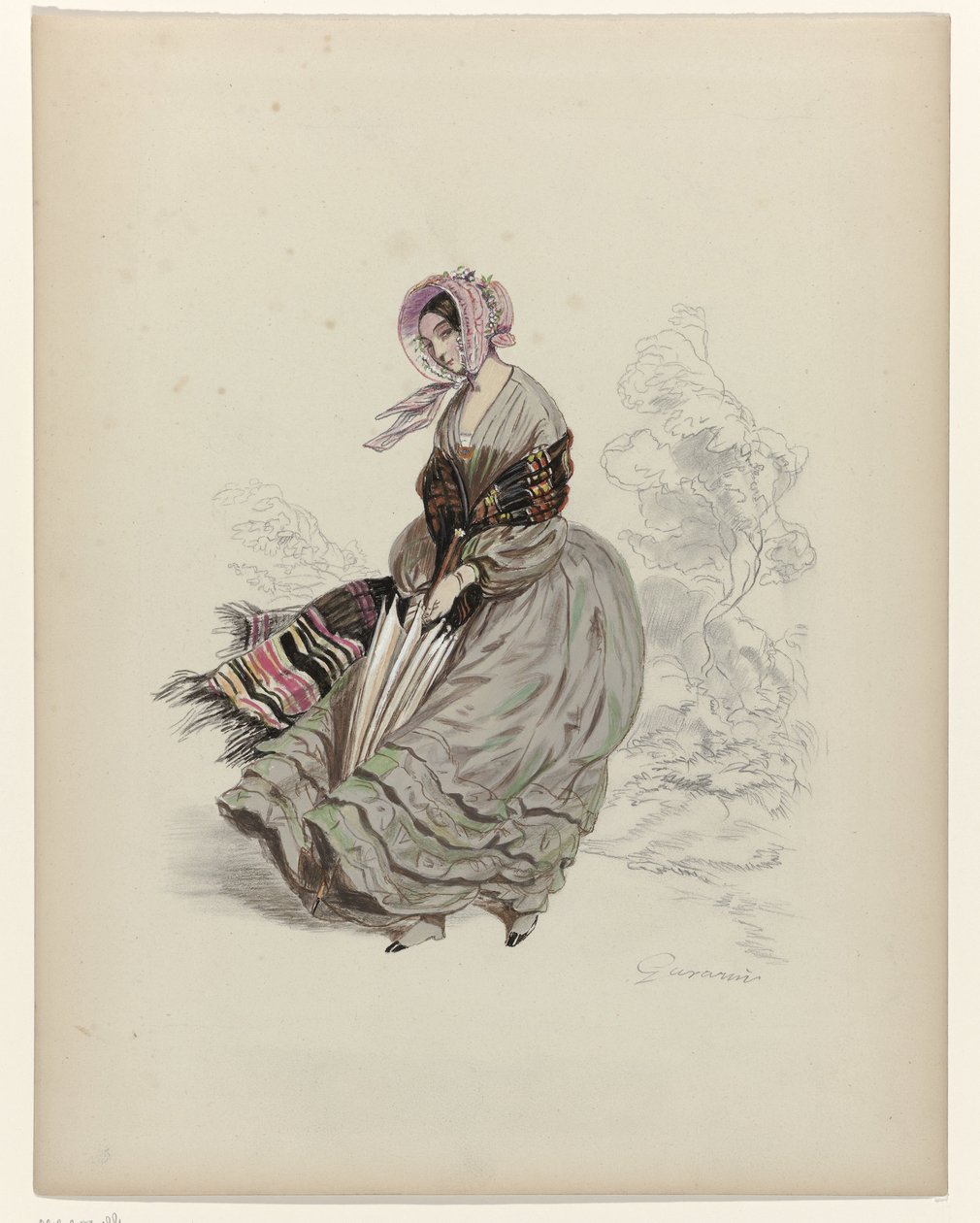 Frau, im Wind gehend, mit Sonnenschirm, 1840 von Paul Gavarni