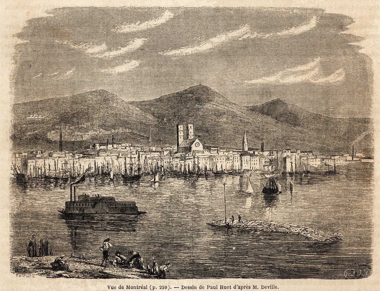 Ansicht von Montreal, Zeichnung von Paul Huet (1803-1869), zur Illustration der Reisen nach Nordamerika in den Jahren 1854-1855, von L. Deville. Gravur in „Le tour du monde“ 1861. Sammlung Selva. von Paul Huet