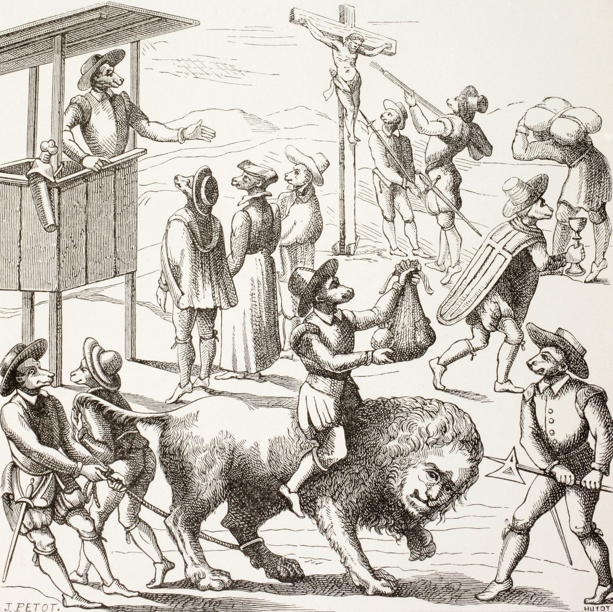 Allegorisches Bild der Exzesse, die den Hugenotten zugeschrieben werden. Der zahme Löwe repräsentiert ein von den Ketzern und ihren Praktiken geschwächtes Frankreich. von Paul Lacroix