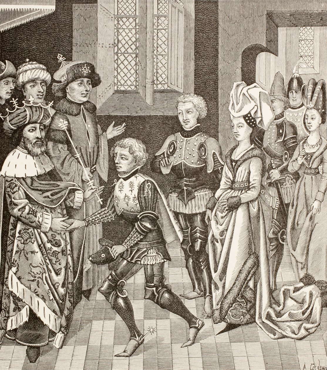 Empfang von Gautier-Sans-Avoir durch den König von Ungarn, der ihm erlaubt, mit den Kreuzfahrern durch sein Gebiet zu ziehen, während des ersten Kreuzzugs von Paul Lacroix
