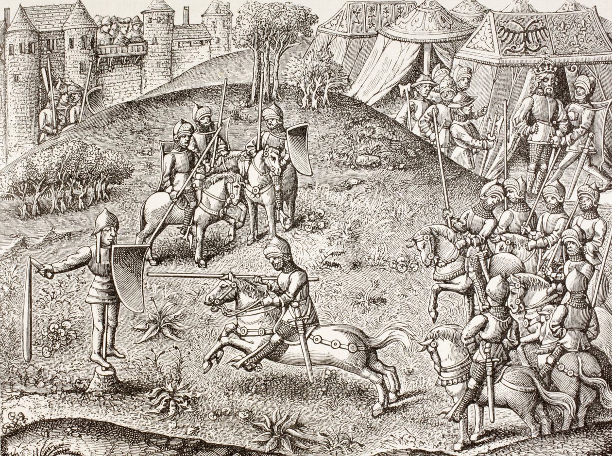 Ritterturnier an einer Quintane, der drehbaren Figur eines Ritters. Nach einer Miniatur in den Chroniques de Charlemagne des 15. Jahrhunderts von Paul Lacroix