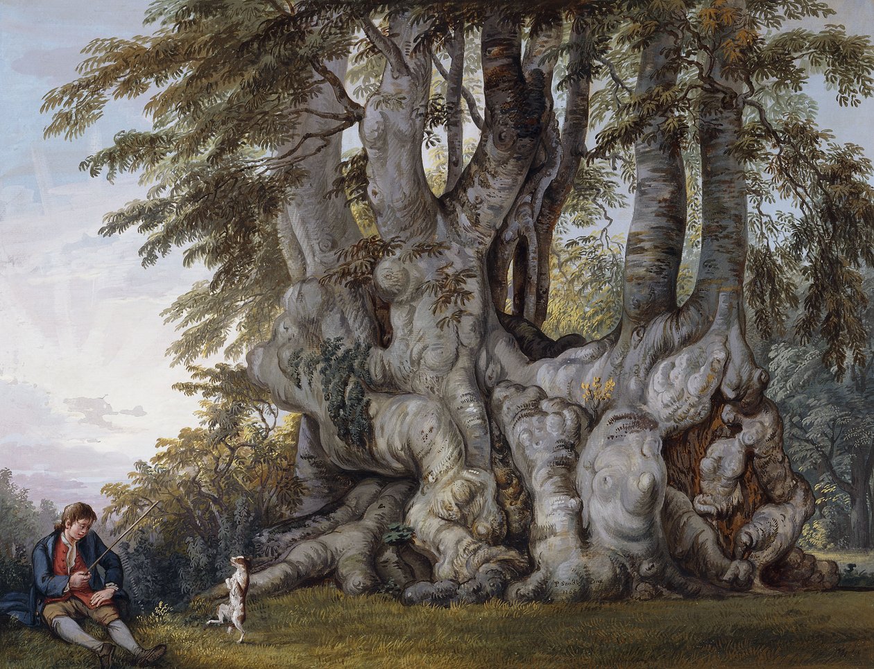 Ein Junge lässt einen Hund am Stamm einer alten knorrigen Buche tanzen von Paul Sandby