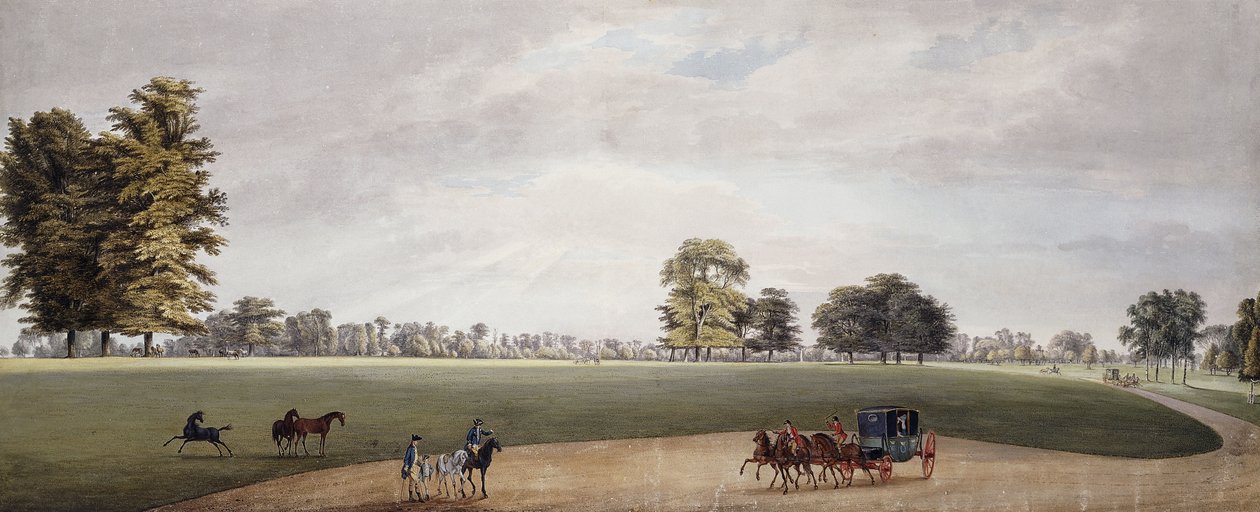 Eine Kutsche im Park von Luton, getroffen von Reitern und spielenden Fohlen von Paul Sandby