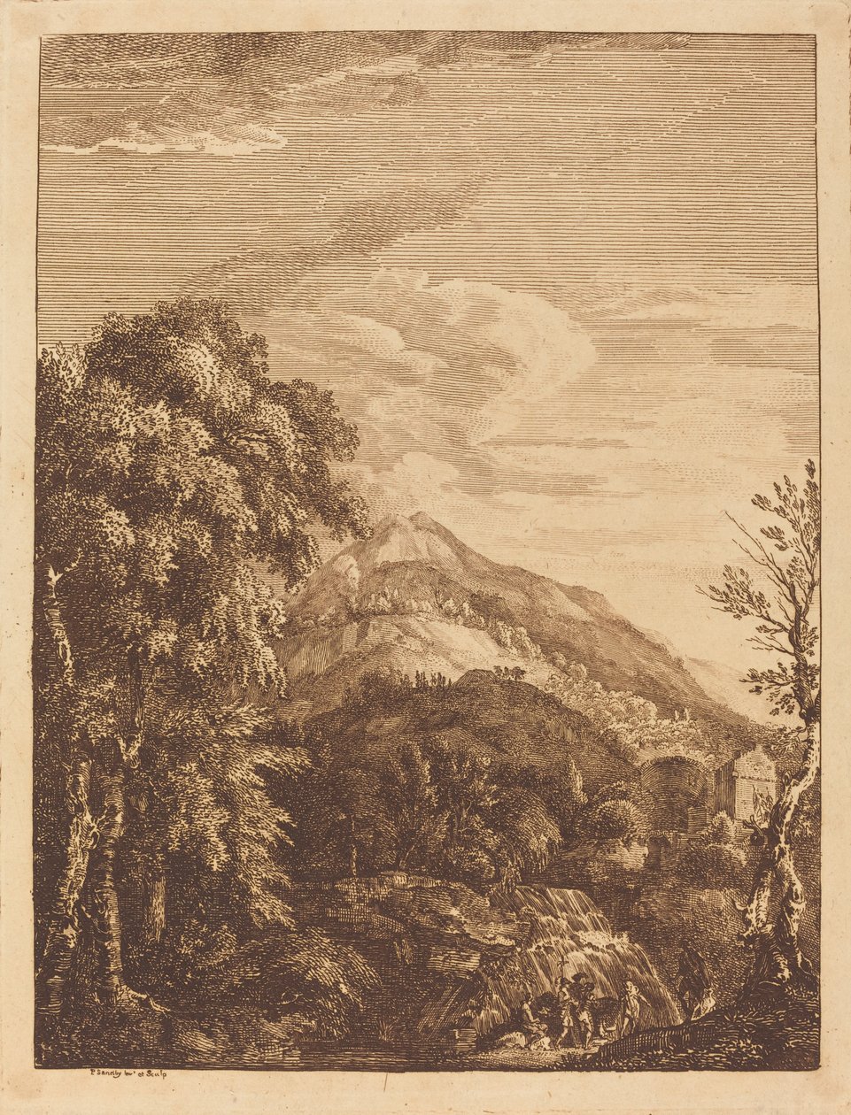 Gebirgige Landschaft mit einem Wasserfall, Rundturm, Schloss und Banditen von Paul Sandby