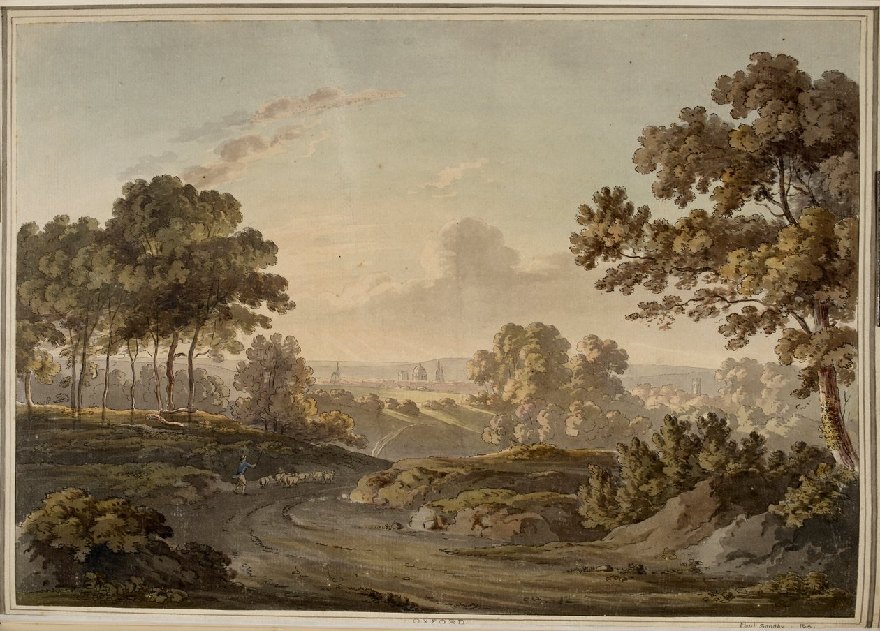 Oxford. Schäfer treibt Schafe auf der Straße nach Oxford, das am Horizont im Sonnenuntergang leuchtet. von Paul Sandby