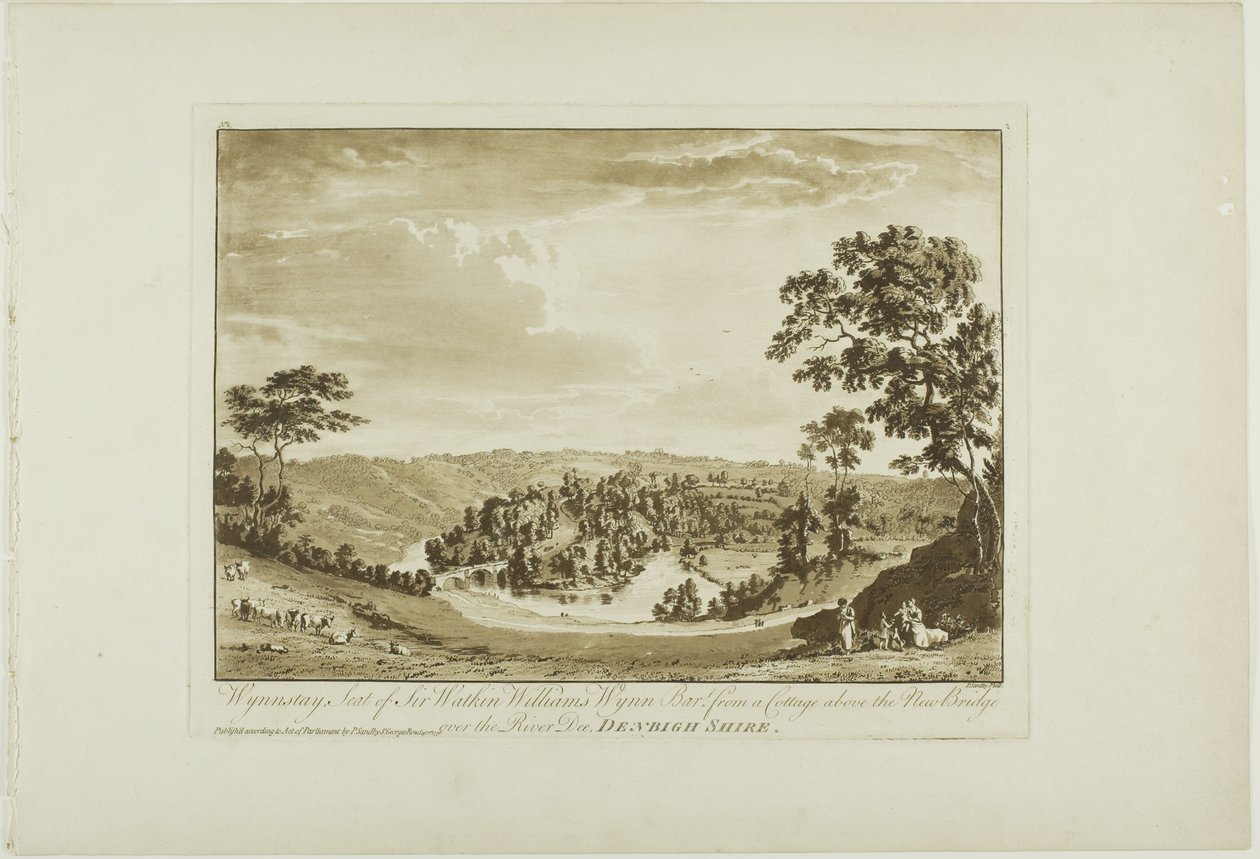 Wynnstay, Sitz von Sir Watkin Williams Wynn Bart von einem Cottage über der neuen Brücke über den Fluss Dee, Denbigh Shire von Paul Sandby