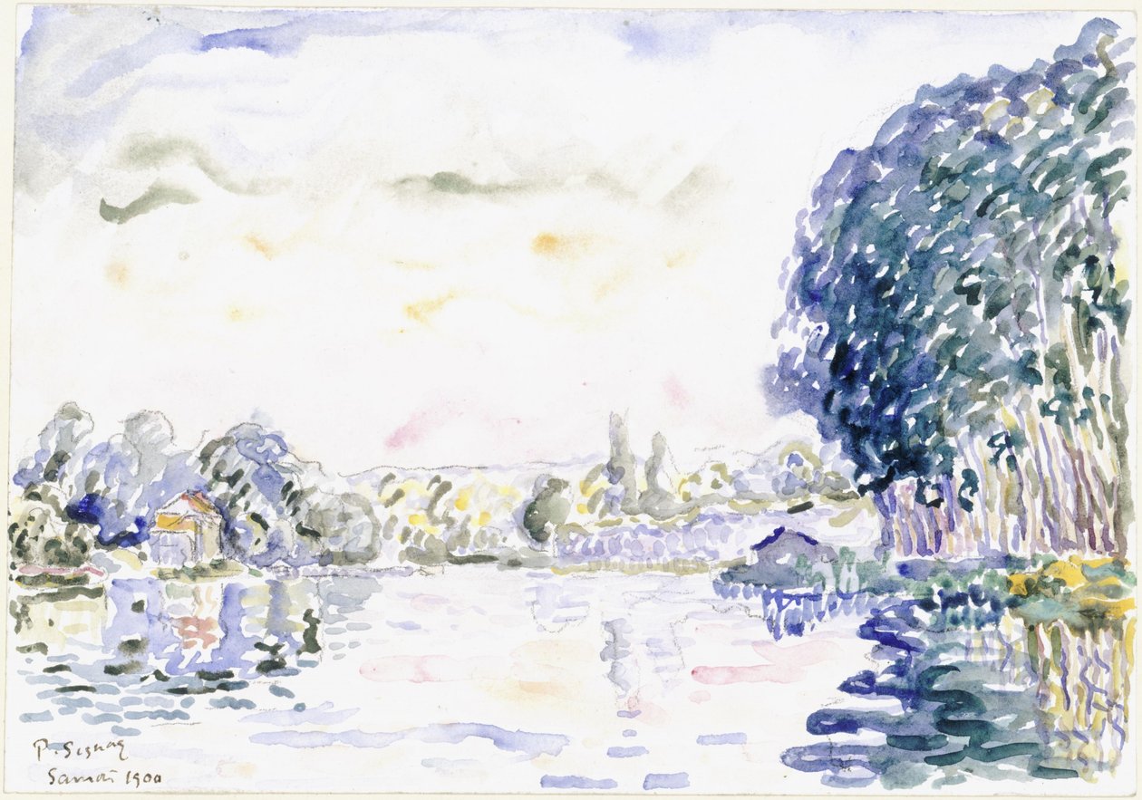Flusslandschaft mit Häuschen und Bäumen von Paul Signac