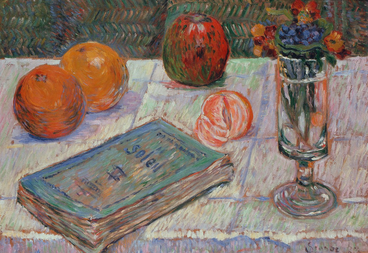 Stilleben mit einem Buch und Orangen von Paul Signac