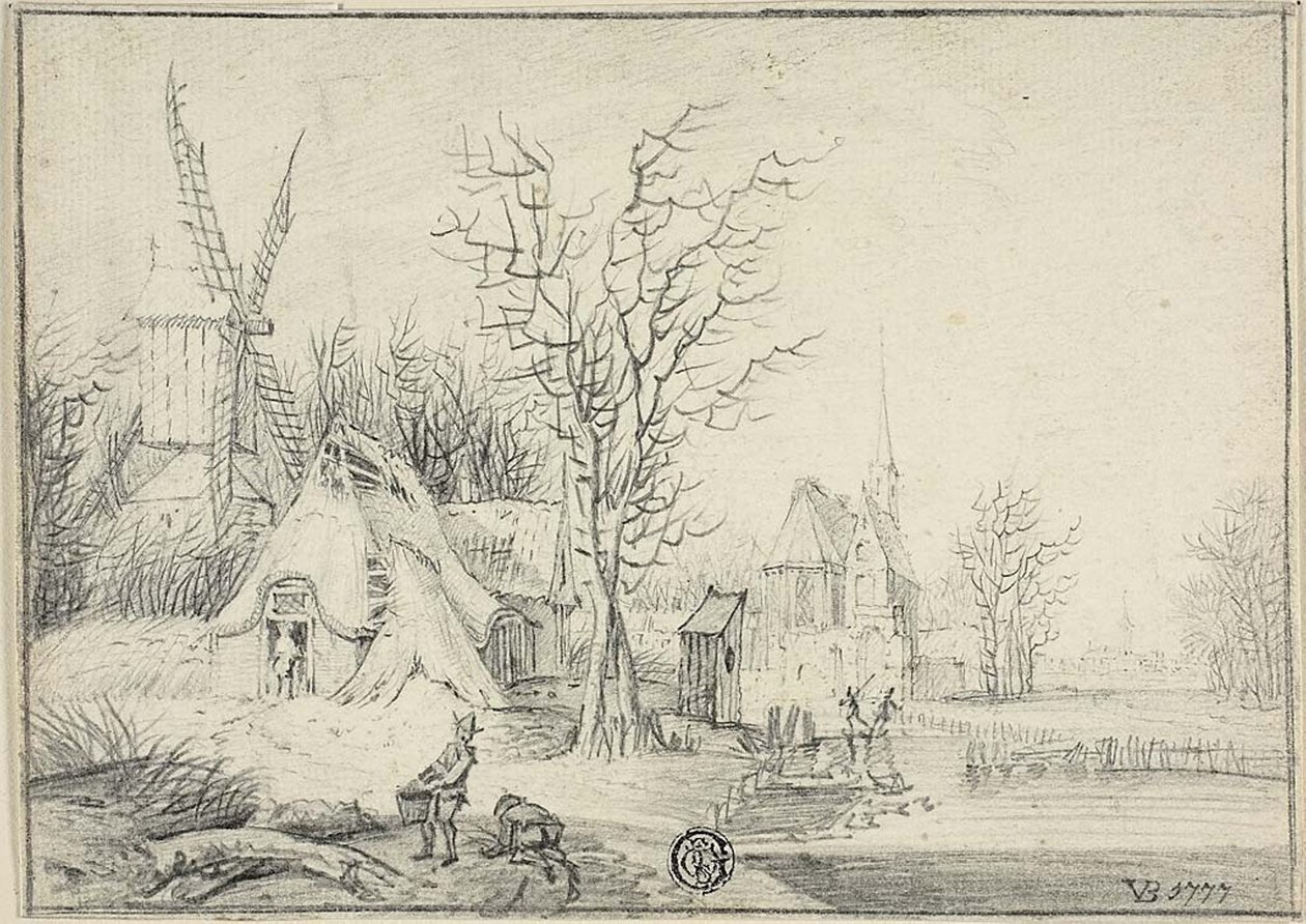 Dorf mit Windmühle und Kirche von Paul Theodor van Brussel