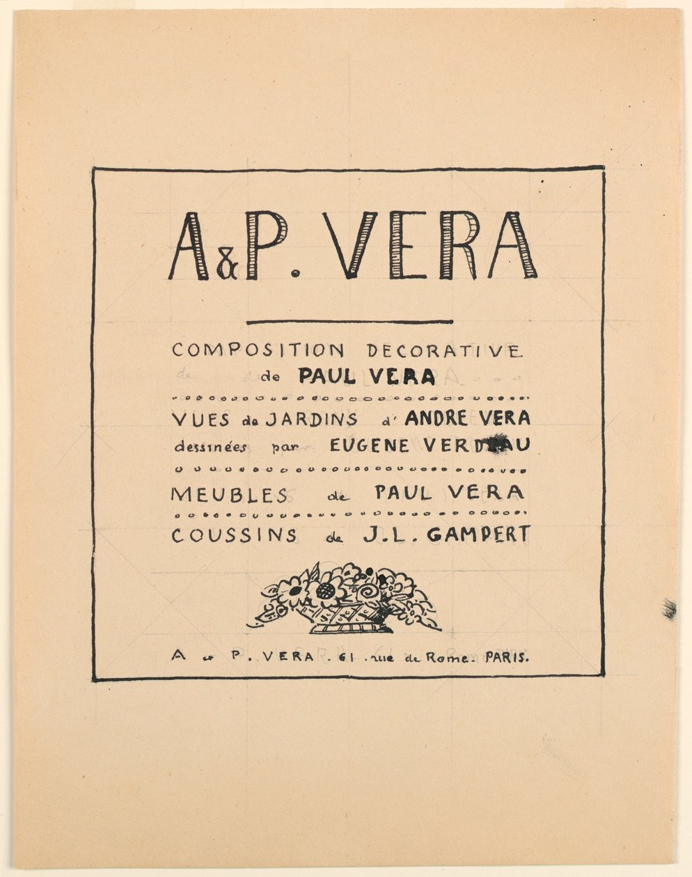 Zeichnung, Titelseite, A & P Vera, Dekorative Komposition von Paul Vera / Ansichten von Gärten von André Vera gezeichnet von Eugène Verdeau / Möbel von Paul Vera / Kissen von J. L. Gampert, 1912–19 von Paul Vera