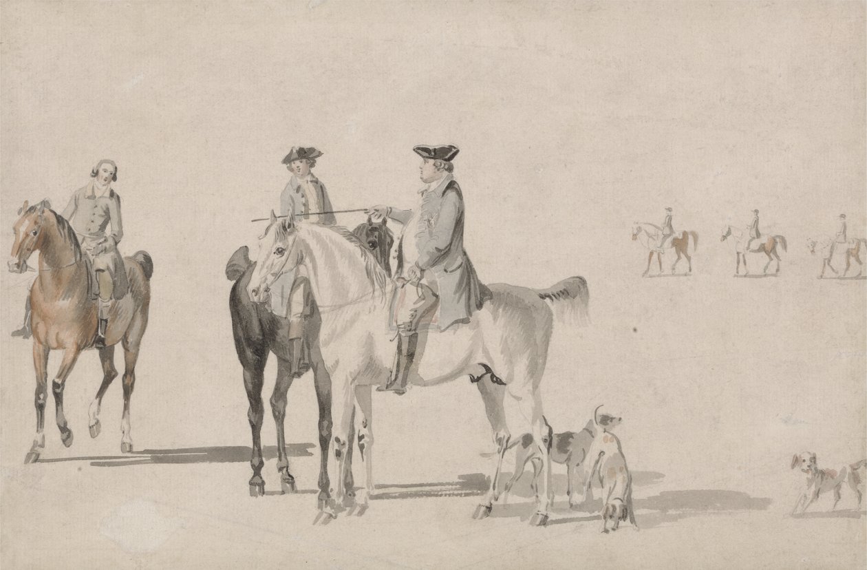 Der Herzog von Cumberland mit einem Gentleman und einem Stallmeister, alle beritten, und Hunde von Paul and Thomas  Sandby