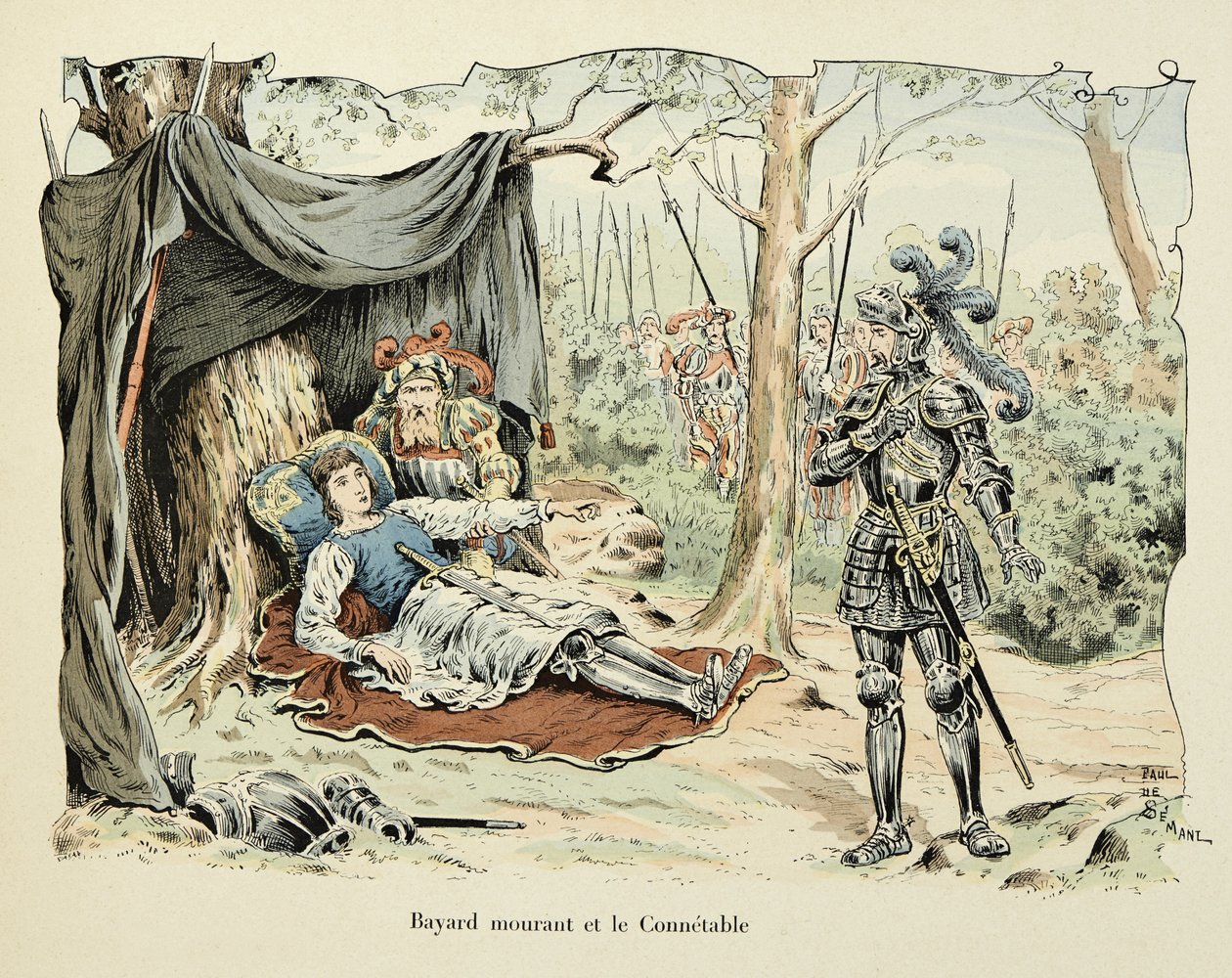 Illustration aus dem Buch „Histoire du chevalier Bayard“ von Theodore Cahu, illustriert von Paul De Semant (1855-1915): Bayard im Sterben und Le Connetable de Bourbon 1524 von Paul de Semant
