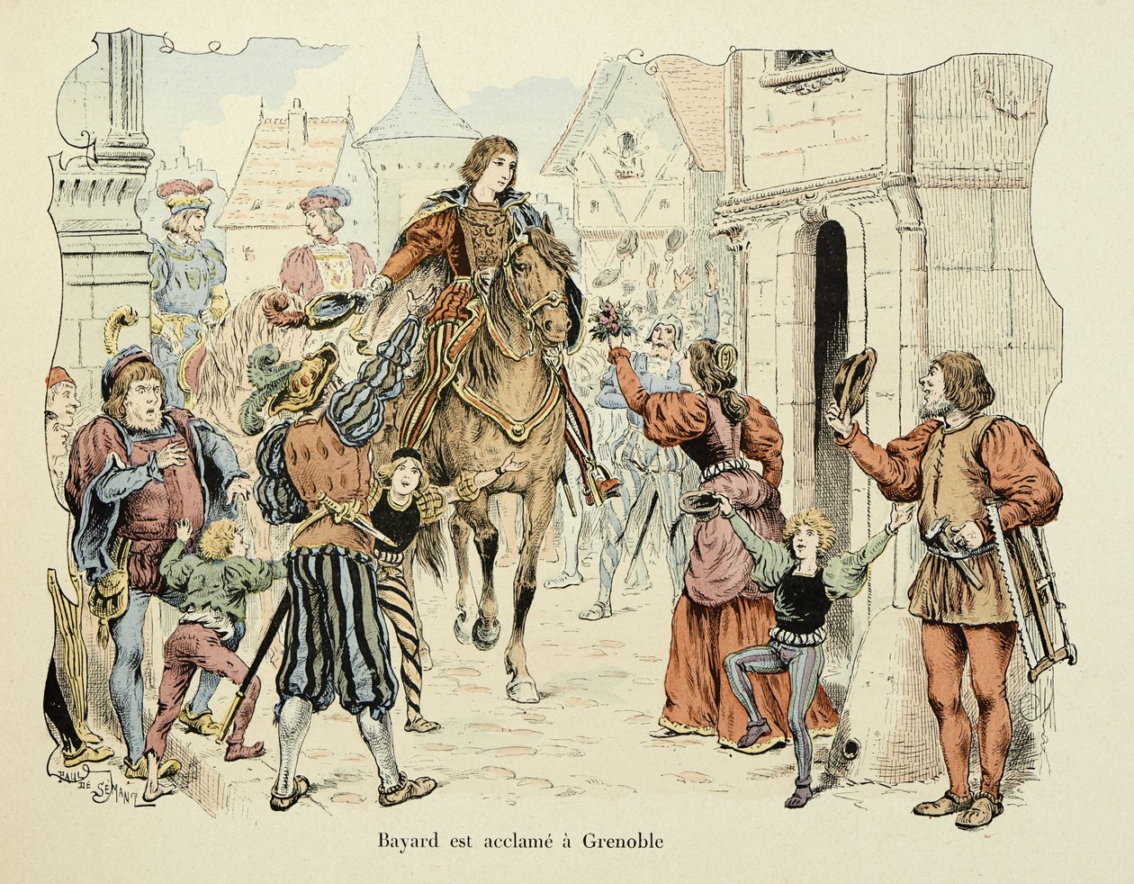 Illustration aus dem Buch „Geschichte des Ritters Bayard“ von Theodore Cahu, illustriert von Paul De Semant (1855-1915): Bayard wird in Grenoble gefeiert von Paul de Semant