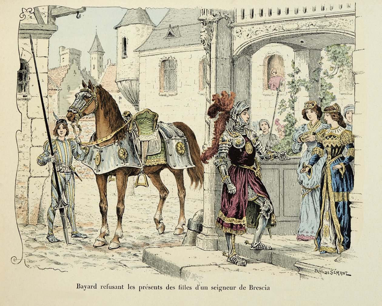 Illustration aus dem Buch „Histoire du chevalier Bayard“ von Theodore Cahu, illustriert von Paul De Semant (1855-1915): Bayard lehnt die Geschenke der Töchter eines Herrn von Brescia 1512 ab von Paul de Semant