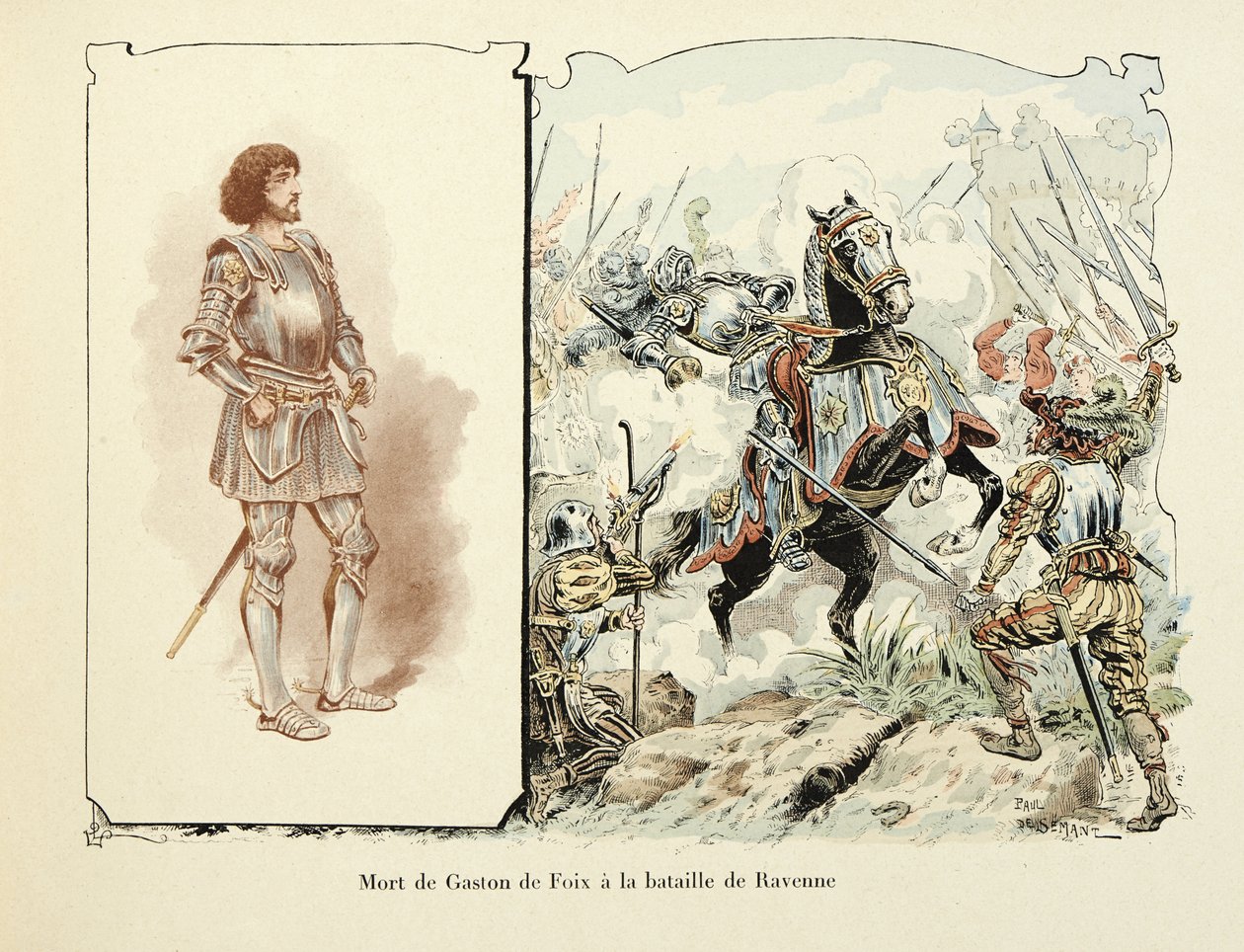 Illustration aus dem Buch „Histoire du chevalier Bayard“ von Theodore Cahu, illustriert von Paul De Semant: Tod von Gaston de Foix (1489-1512) in der Schlacht von Ravenna von Paul de Semant