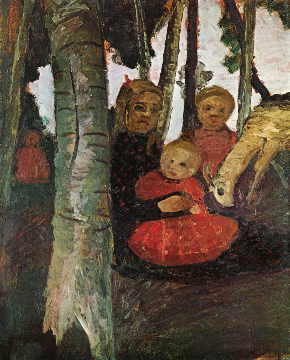 Drei Kinder mit Ziege im Birkenwald von Paula Modersohn-Becker