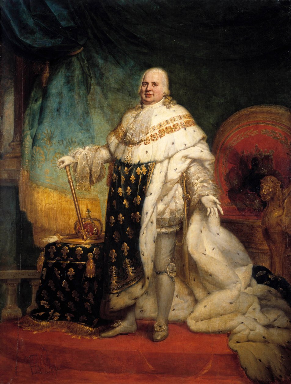 Ganzkörperporträt von Louis XVIII (1755-1824) in Krönungsgewändern. Gemälde von Paulin Guerin (1783-1855) 1824 von Paulin Jean Baptiste Guerin