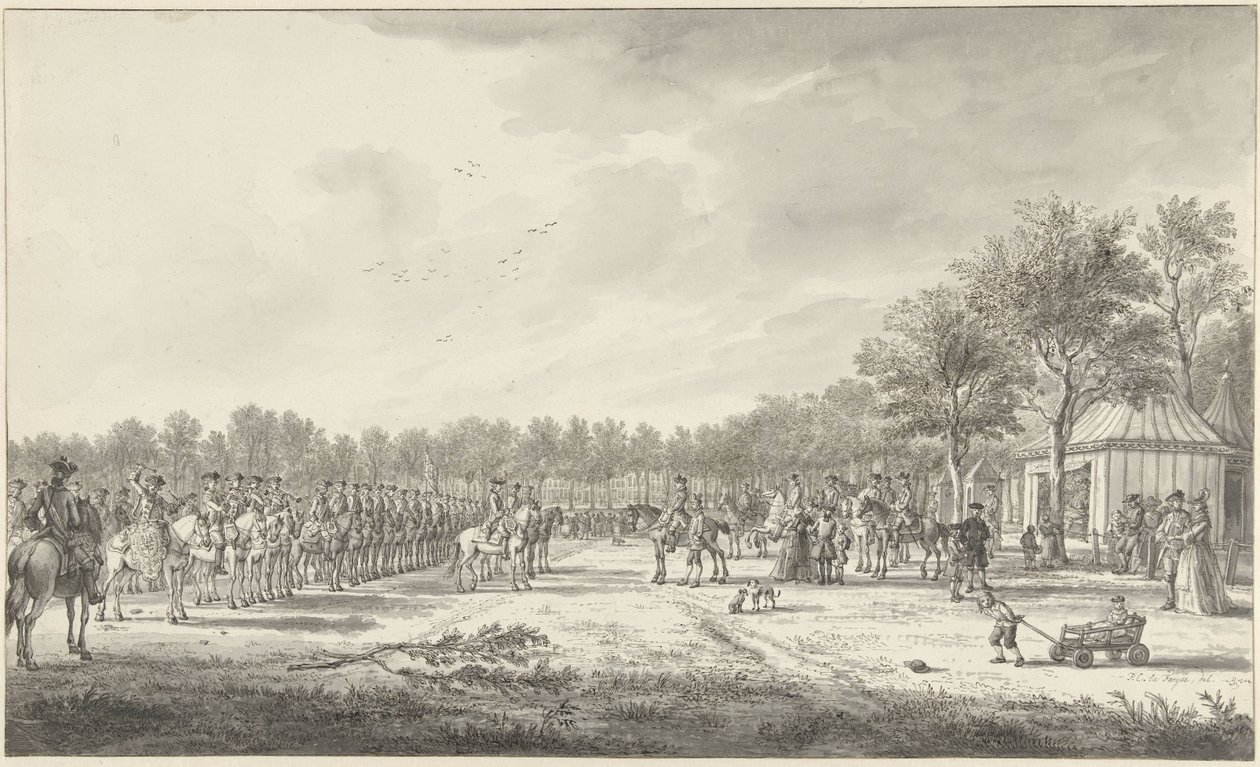 Revue der Kavallerie durch Prinz Wilhelm V. auf dem Malieveld in Den Haag, 1770 von Paulus Constantijn la Fargue