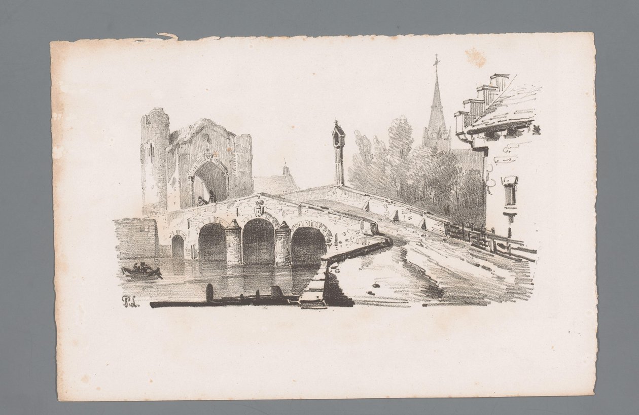 Ansicht einer Brücke mit Tor, im Hintergrund eine Kirche von Paulus Lauters