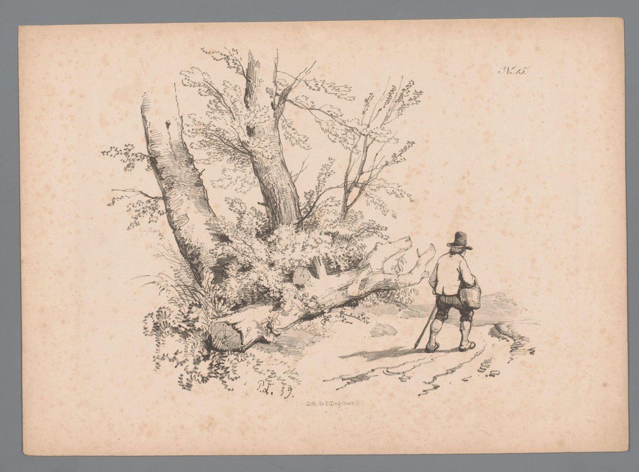Landschaft mit Bäumen und einem Mann mit Spazierstock und Korb von Paulus Lauters