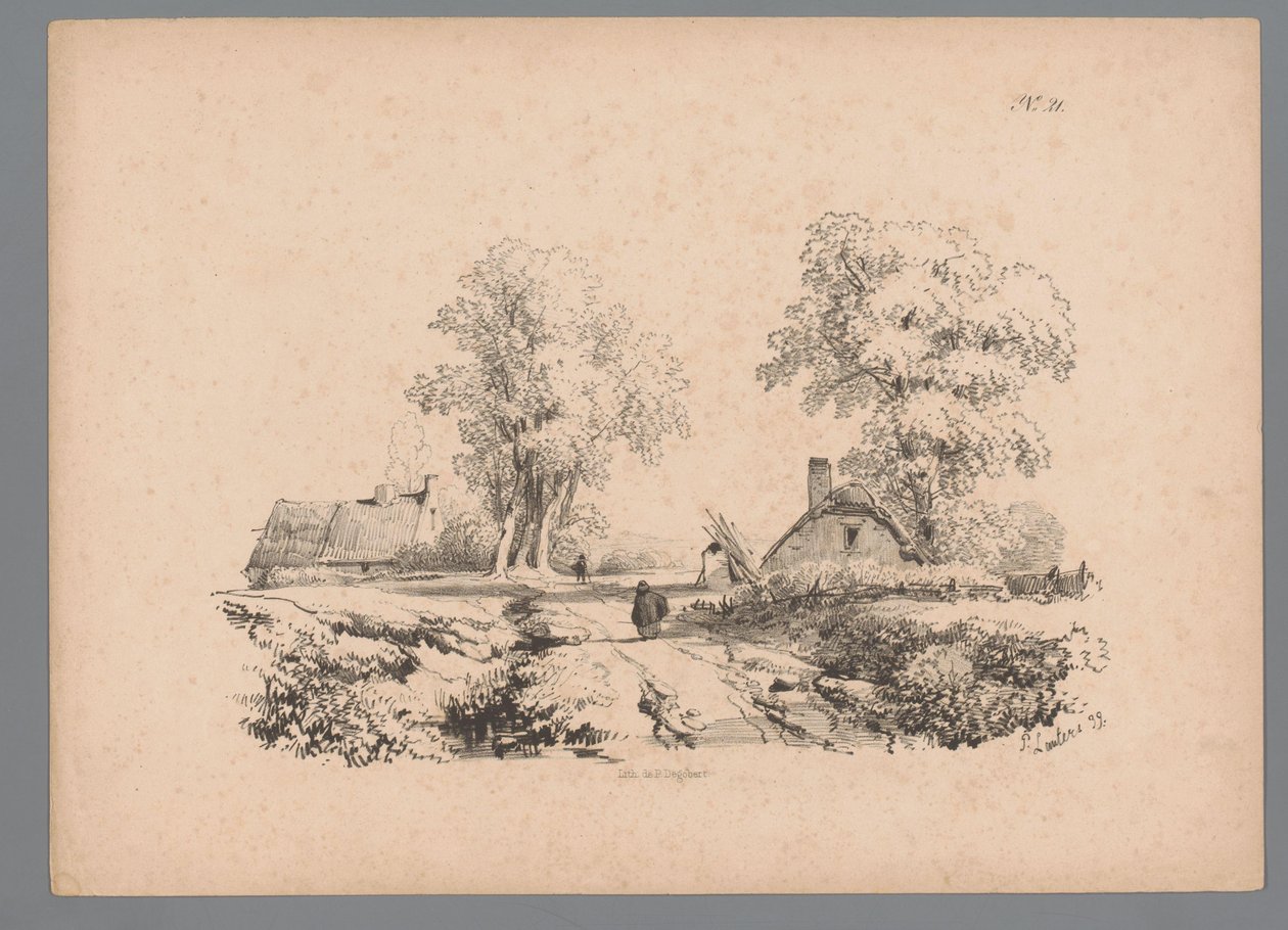 Landschaft mit zwei Häusern und zwei Figuren auf einem Weg von Paulus Lauters
