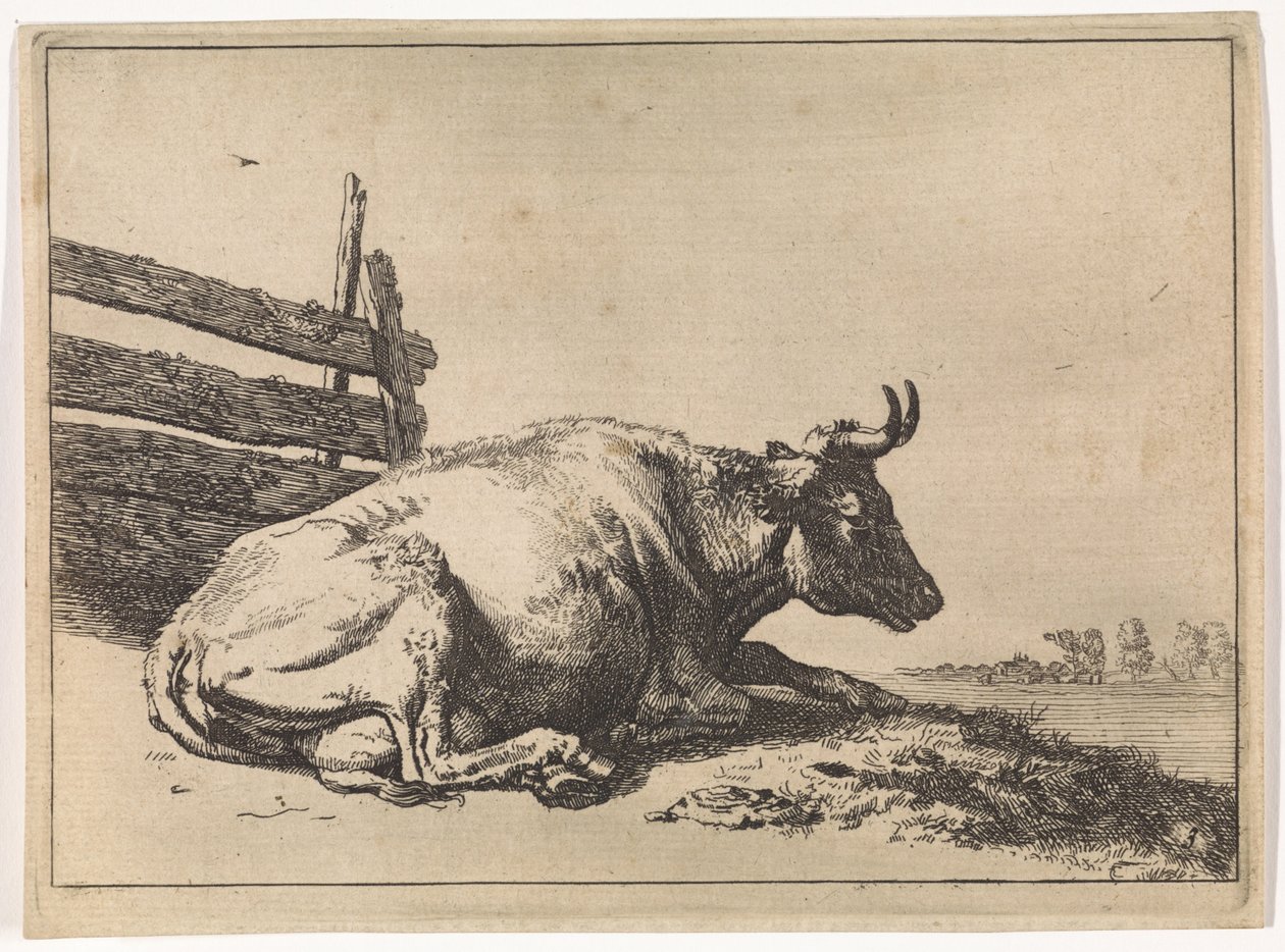 Liegende Kuh bei einem Zaun (Das Bullenbuch) von Paulus Potter