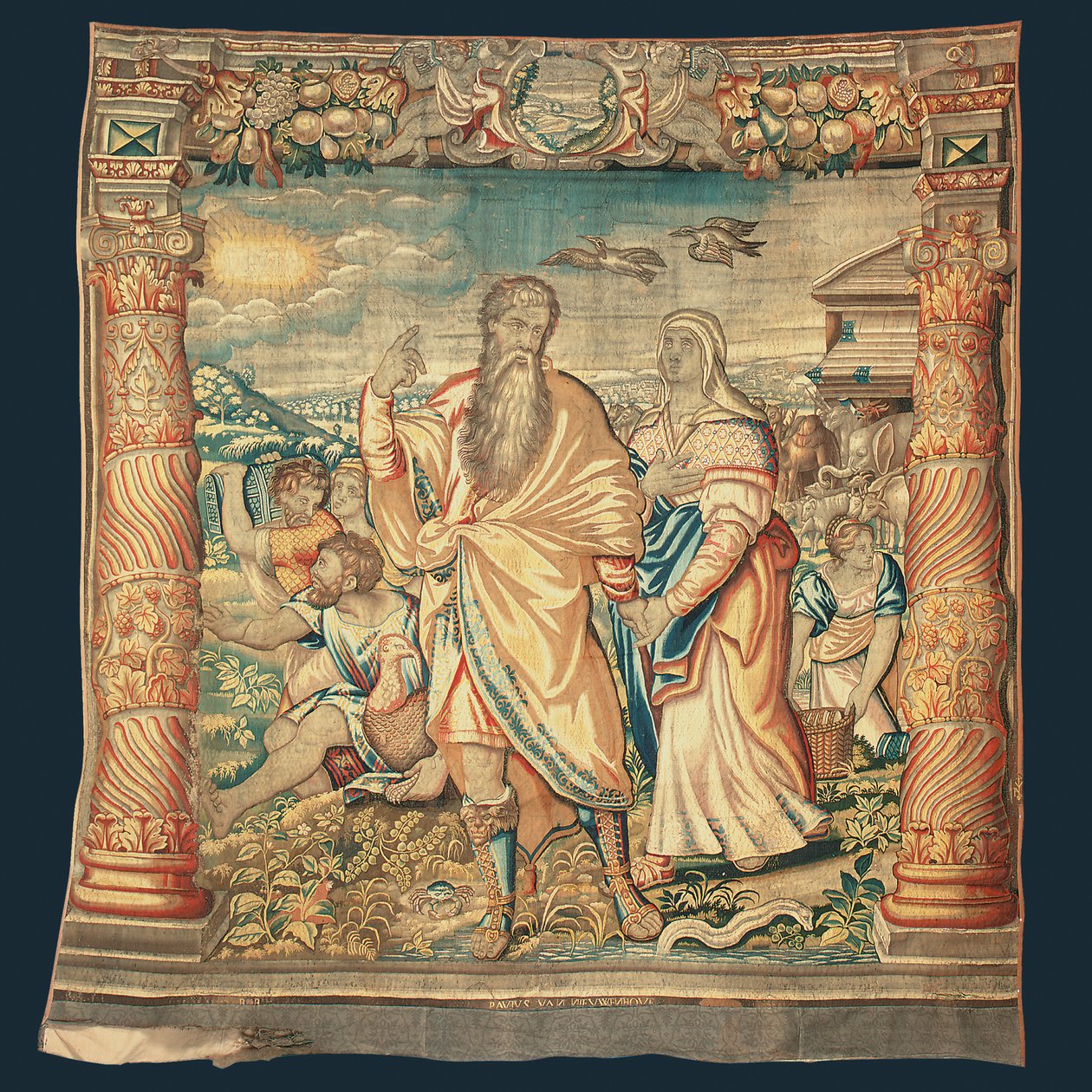 Wandteppich, der den Abstieg von der Arche und die Serie des Lebens von Noah darstellt von Paulus van Nieuwenhove
