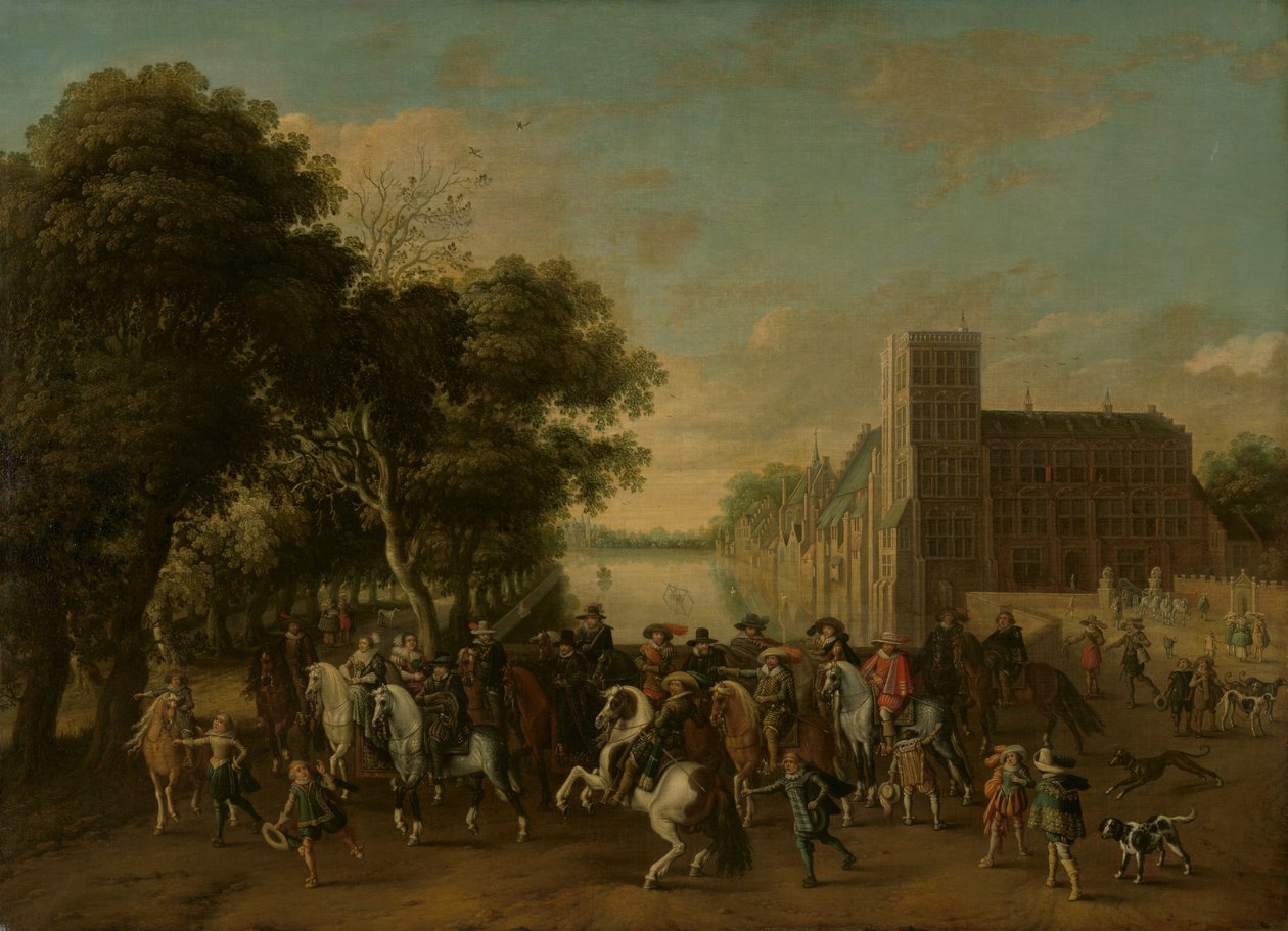 Prinz Maurits, begleitet von Prinz Frederik Hendrik, Friedrich V. von Böhmen und seiner Frau Elizabeth Stuart, und anderen, auf dem Buitenhof, Den Haag von Pauwels van Hillegaert