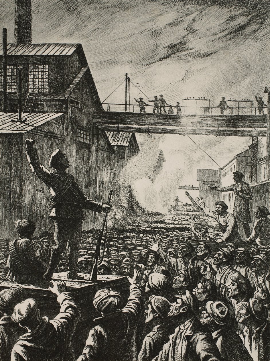 Die Julitage in Petrograd: Maschinengewehrschützen rufen die Putilow-Arbeiter zur Unterstützung der Aktion gegen die provisorische Regierung auf von Pavel Alexandrovich Shillingovsky