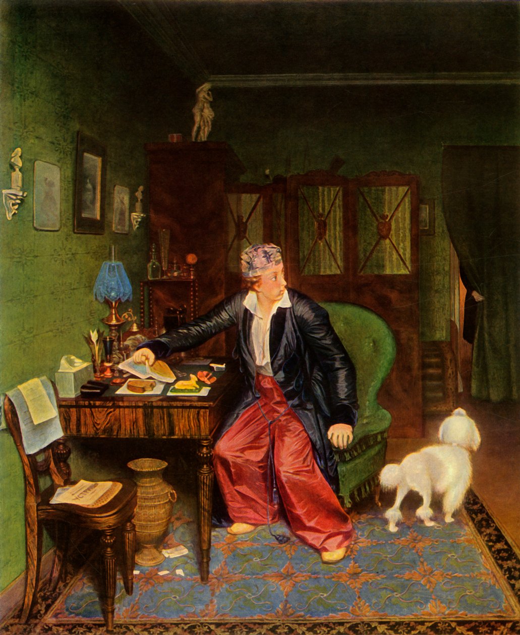 Ein Aristokrat frühstückt, oder Seide auf dem Magen und nichts im Inneren, 1849-1850 von Pavel Andreevich Fedotov