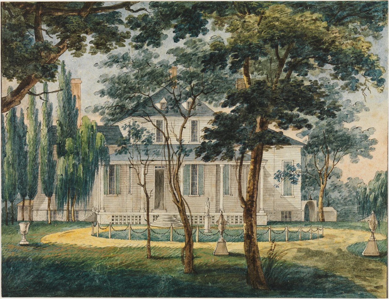 Ein Landhaus, möglicherweise das Landhaus von General Moreau in Morrisville, Pennsylvania von Pavel Petrovich Svinin