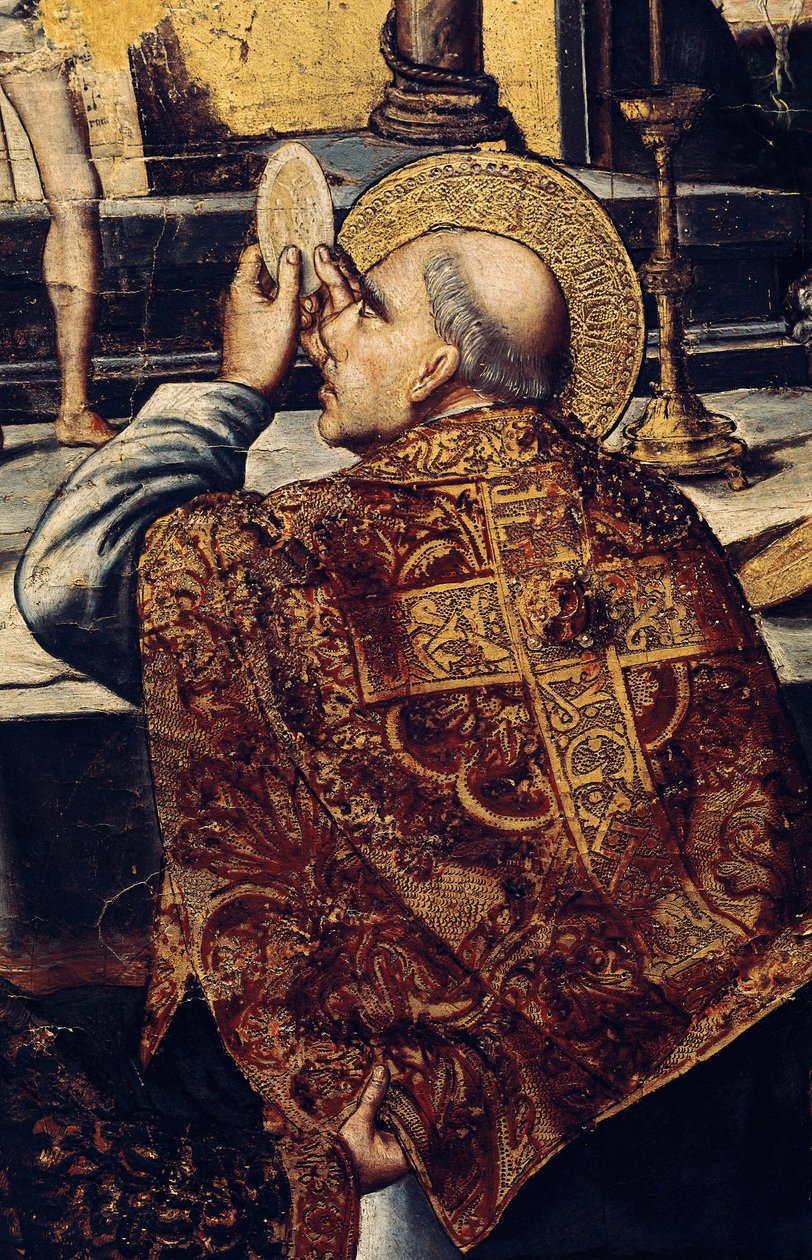 Die Eucharistie (Der Heilige erhebt die Hostie, ein christliches Symbol des Leibes Christi). Detail des Altars der Messe von Gregor I., genannt der Große oder Dialog (540-604), Papst im Jahr 590 von Pedro Berruguete