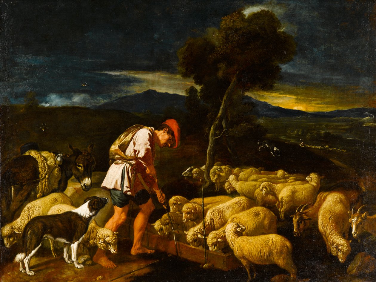 Jakob tränkt Labans Schafe vor geschälten Zweigen, ca. 1612-1622 von Pedro Orrente