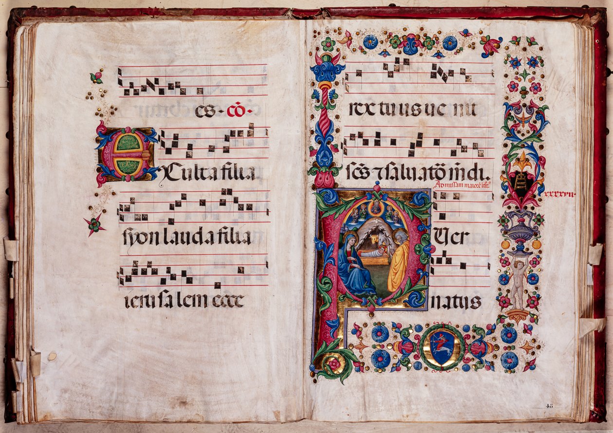 Piccolomini-Bibliothek: Chorbuch, cod. 102.8, ff. 47v-48r mit „Geburt Christi“ von Pellegrino di Mariano